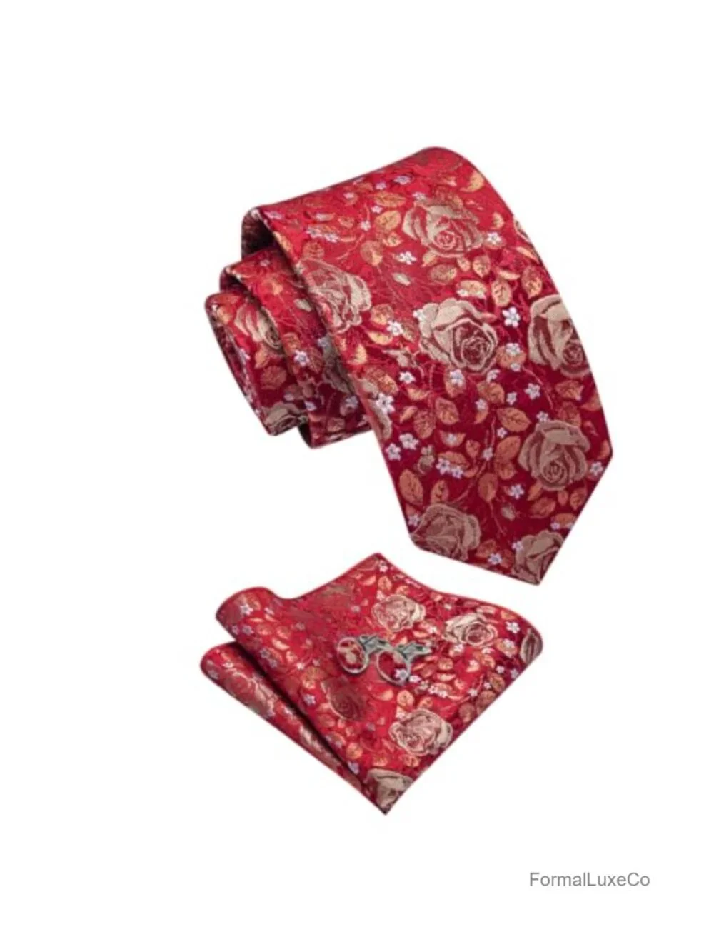 Mens Silk Floral Necktie Set with Pocket Square, Cufflinks & Tie Clip